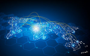 A picture of a World map with light dots being connected by light streams. Scalability requires thinking globally.