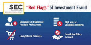 SEC red flags of investment fraud are unregistered/unlicensed professionals, unregistered products, high and/or guaranteed returns, unsolicited offers to invest. 